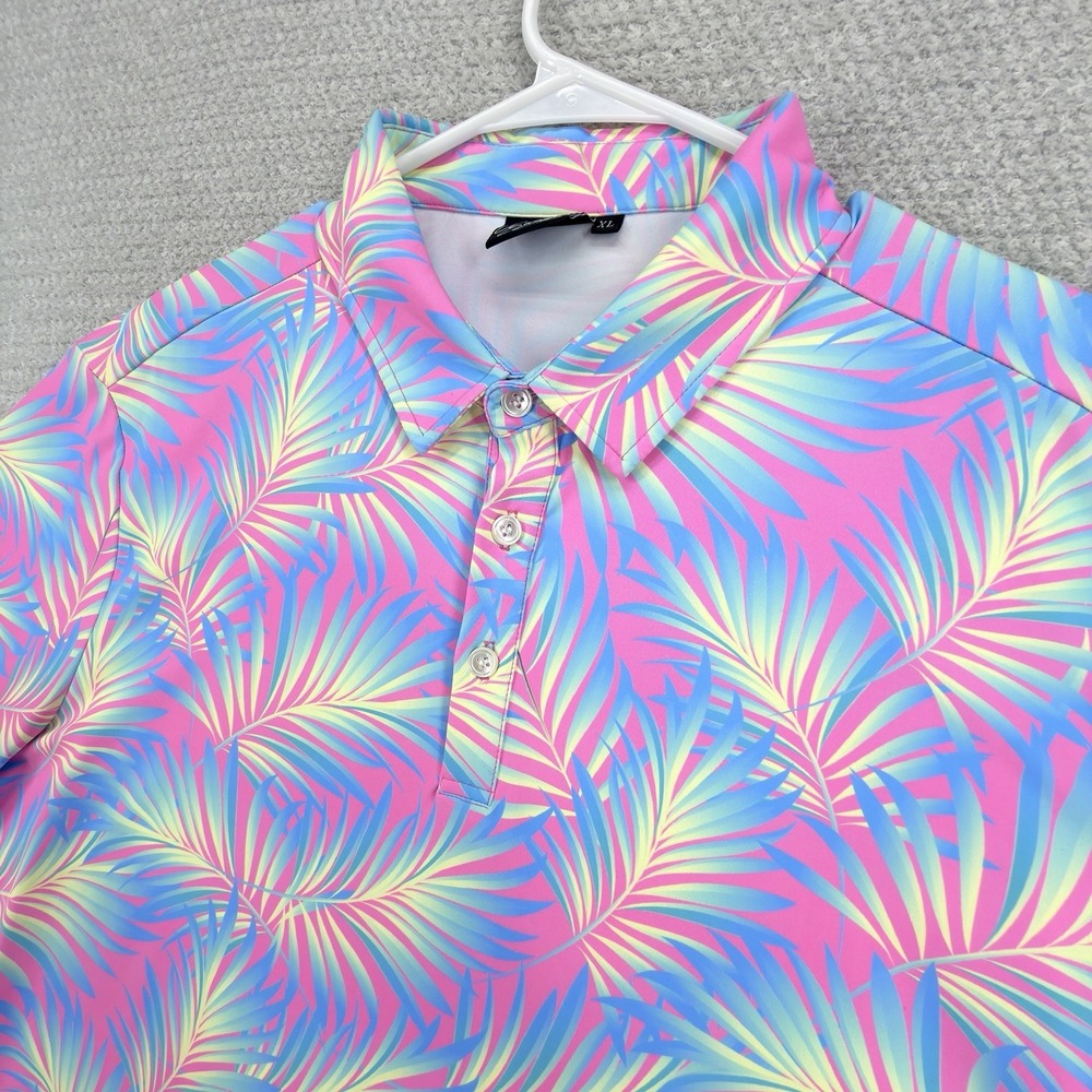 Sunday Swagger Tropical Glow Golf Polo Shirt Men's XL Pink Palm Leaf Stretch